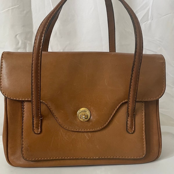 Italian leather turn lock top handle handbag vintage 1960s satchel brown double handles