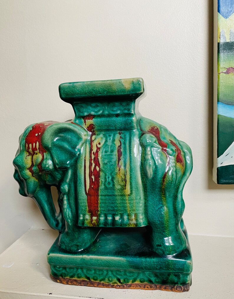 Vintage Elephant Plant Stand Pedestal Chinese Marble Glazed Ceramic