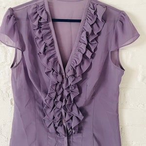 Ruffled lavender Crepe Blouse button down woman’s top work career boho cocktail Vintage