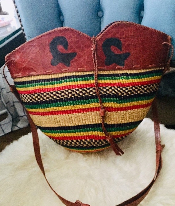 Vintage African basket tote handmade purse woven stra… - Gem