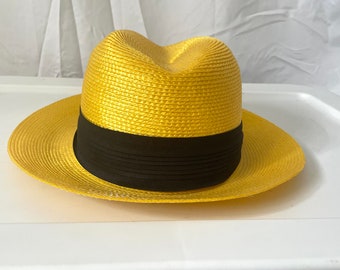 Bright sunny Yellow Panama woven hat with black silk band vintage 1980s sunhat fedora