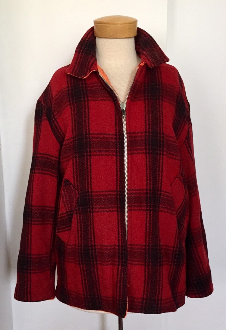 Vintage Hunting Farm Jacket Wool Plaid Hunter Orange Insulated Interior Reversible Work Wear Mens Medium Etsy Ireland