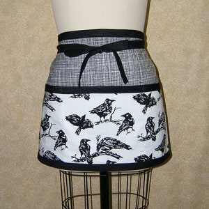 Batik Black Bird Half Apron: Halloween Raven Crow Print, 3 Pocket