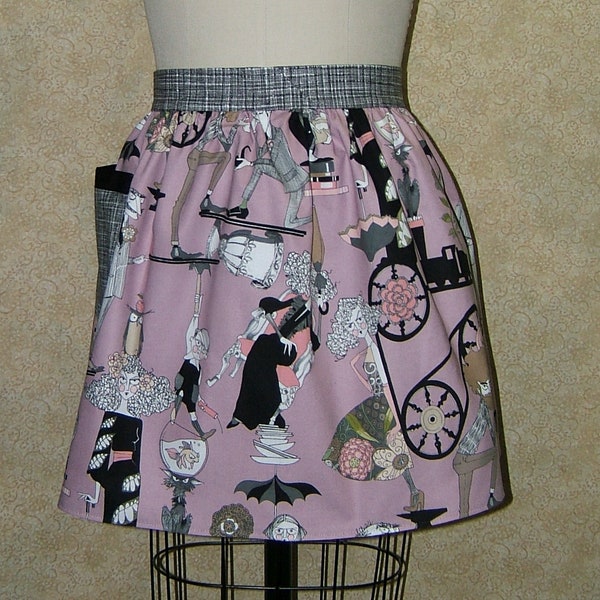 Hostess apron ghastlies mauve base dark humor frowning women steam punk funky goth 17 3/8" L 23" at waist ready to ship