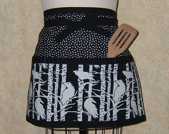 Handmade Raven Half Apron: Black & White Batik Bird Print
