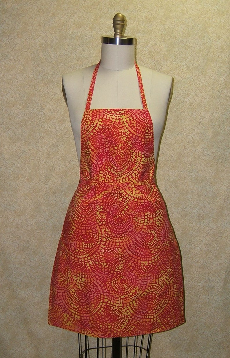 Sparks flying apron xtall long batik print yellow red orange cotton lined pocket boho hippie free spirit 29 34 long 21 wide 33 long ties