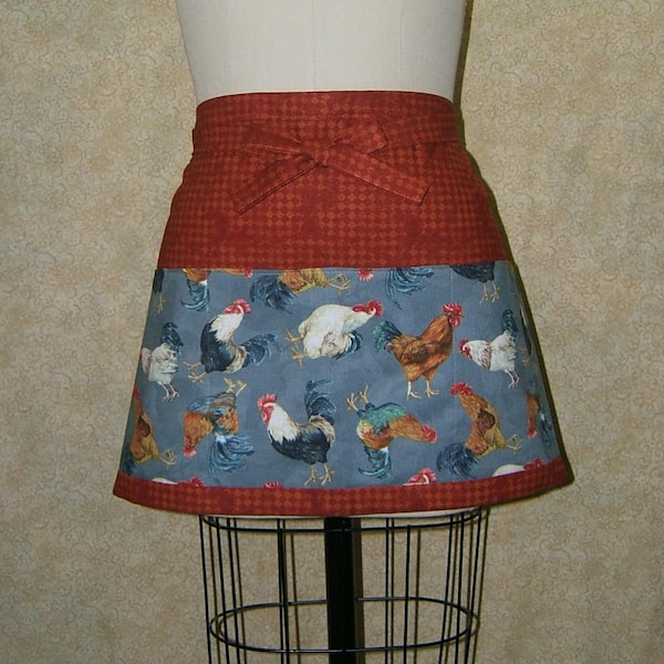 Roosters half apron waist tie apron cotton pocket lined gray grey bird chicken chickens farmyard roost 3 pockets 15" L 20.5" W ready to ship