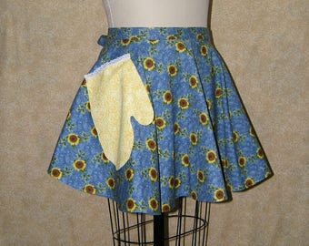 Sunflower swing apron waist tie half apron lined blue background ivy cotton print 15.75" L 71" W hem 29" ties 85" end to end ready to ship