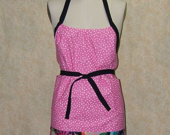 Floral Cotton Chef Apron: Pink Polka Dot, Mid Century Boho