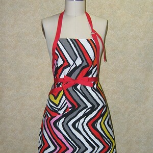 Chevron Stripe Cotton Canvas Apron: Red Trim, Adjustable Neck