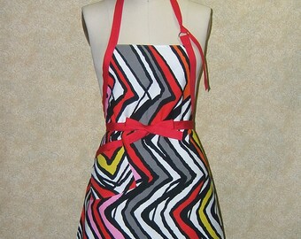 Adjustable apron cotton canvas red trim pocket chevron stripe zig zag blk white yellow pink 27.5" L 20" W 31" ties boho hippie ready to ship