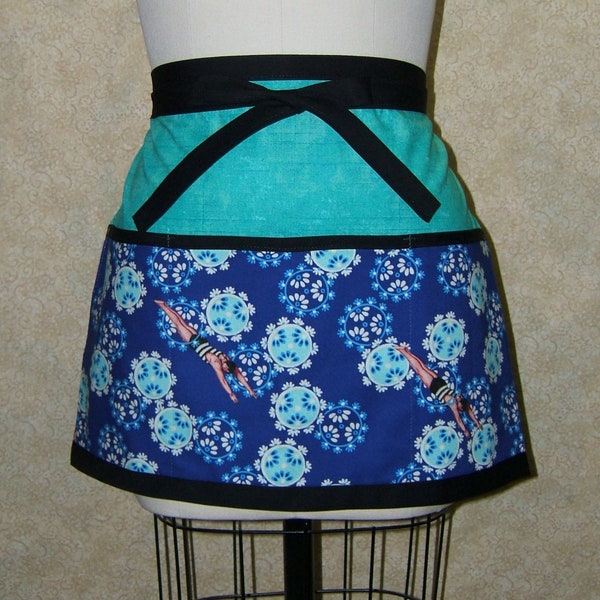 Diving swimming apron dive swimmer double fabric lined turquoise royal blue gardening boho flowers bubble water 15.25" L 20" W ready to ship
