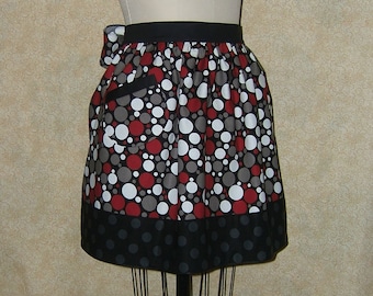 Polka Dot apron waist tie hostess mid century modern gathered half cell pocket lined red wht blk gray XXL 19.5" L 40"W 40" tie ready to ship