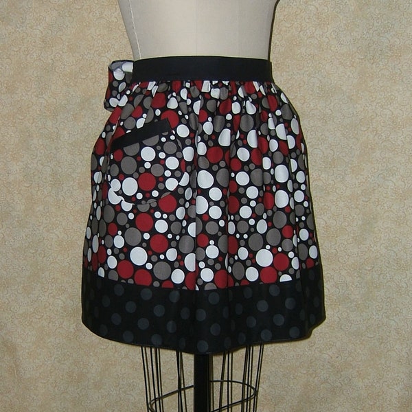 Polka Dot apron waist tie hostess mid century modern gathered half cell pocket lined red wht blk gray XXL 19.5" L 40"W 40" tie ready to ship