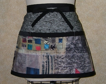 Collage industrial apron half double fabric lined pockets squares funky boho hippie art steampunk map grid cotton 15" L 21" W ready to ship