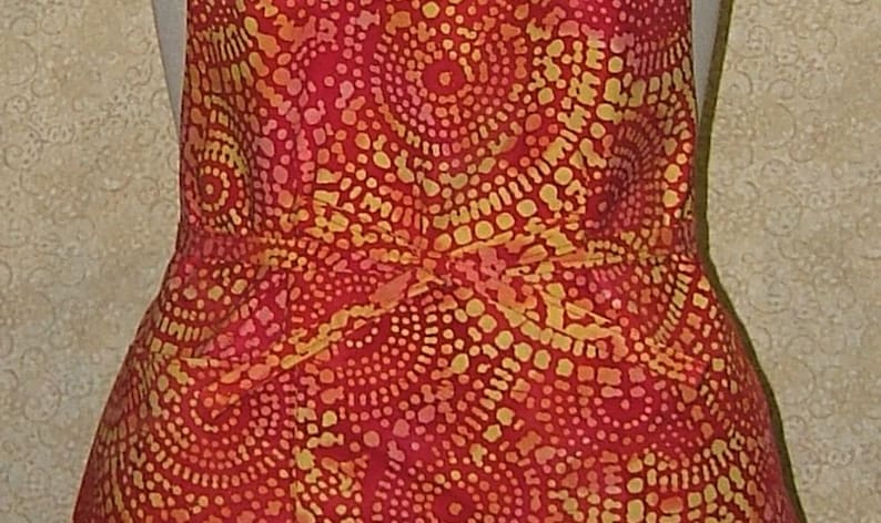 Sparks flying apron xtall long batik print yellow red orange cotton lined pocket boho hippie free spirit 29 34 long 21 wide 33 long ties