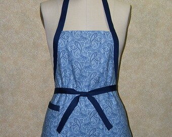 Paisley chef apron pocket upcycled recycled fabric short petite cotton blue lined handmade gardening hippie 32.75" L 21.5" W ready to ship