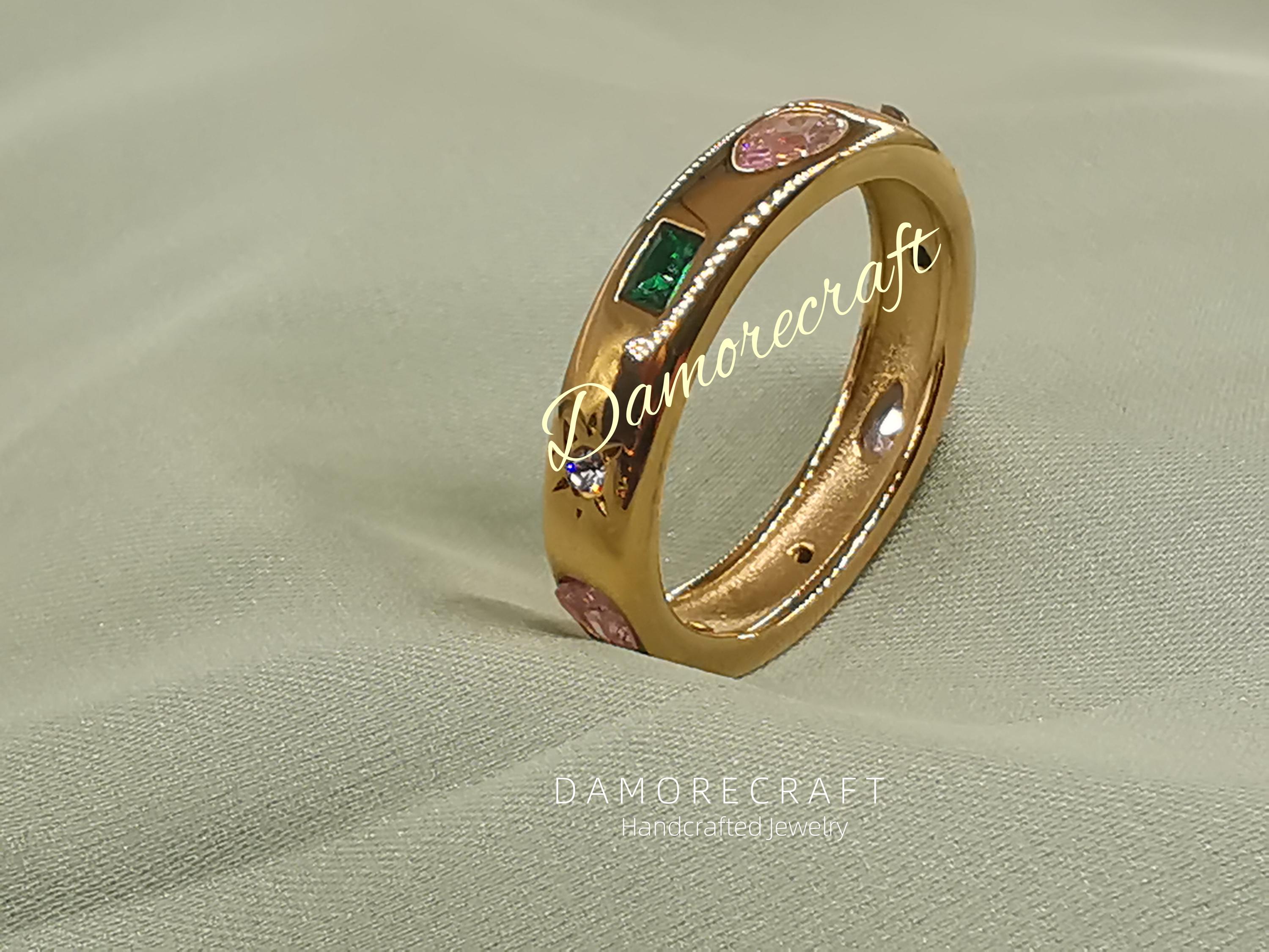 18K Yellow Gold Multi-stone Ring Colorful Gemstone Wedding Band Full ...