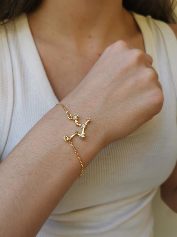 Bracciale Bangle Zodiacale In Acciaio Inox Placcato Oro 18k Con Cristalli - Regalo Donna