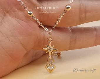 Collar con doble colgante de estrella del norte - Collar con dije de estrella del norte de oro diminuto con cuentas - Collar de estrella chapado en oro de 14 k - Regalo para dama de honor - Collar de estrella