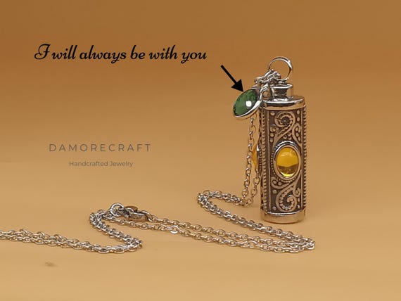 Birthstone Memorial Necklace for Ashes Urn Necklace- Vintage Carved Cylinder Cremation Necklace-Urn Necklace(Get O chain & Snake chain)