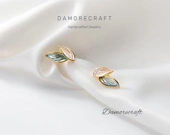Blue Olive Leaves Stud Earrings, Leaf Stud Earrings, 925 Silver Earrings Everyday Earrings, Blue Silver leaves Studs, Skinny Leaf Earrings