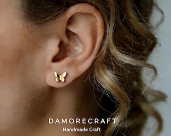 925 Silver Butterfly Stud Earrings, 14k Gold Butterfly Stud Earrings,Minimalist Butterfly Handmade Jewelry