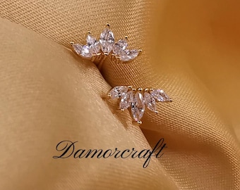 Dainty Five Marquise Post Studs Ear Climber 14k Gold 925 Silver Leaf Studs Cramler Branches Crystal Climber Earrings