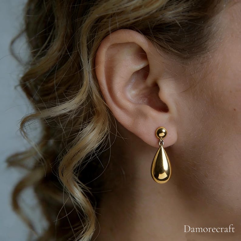 Vintage midden van de eeuw Teardrop Dangle-18k vergulde Teardrop Oorbellen-sierlijke oorbellen-waterdruppel oorbellen-waterdichte aanslagvrij afbeelding 2