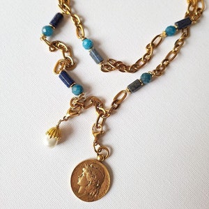 Gold Medallion Necklace, Long Gold Necklace, Baroque Pearl, Layered Gold Coin Necklace, Charm Necklace Chunky, Chunky Necklace Gold