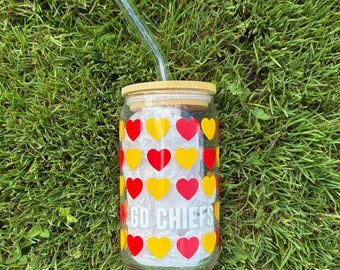Go Chiefs Hearts Pattern Glass Cup, Glass Cup with Straw