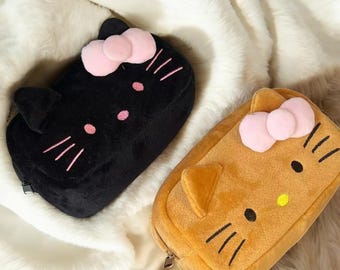 Estuche de lápices con diseño de gato de peluche: bolsa de cosméticos para estudiantes de gran capacidad