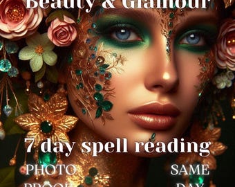 Puede incluir: Retrato digital de una mujer con elaborados adornos dorados y esmeralda. La imagen presenta el texto "Beauty & Glamour" y "7 day spell reading". La mujer tiene ojos azules y está rodeada de elementos florales.