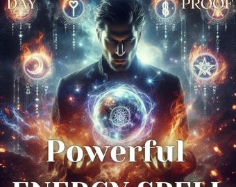 May include: A man with a beard holds a glowing orb in his hands. The orb is surrounded by flames and stars. The text "SAME DAY PHOTO PROOF" and "Powerful ENERGY SPELL" is visible in the image.