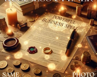 May include: An image with the text "BUSINESS OPENER" at the top. A document with the words "POWERFUL BUSINESS SPELL" is in the center. There are stacks of money, coins, candles, a ring, and a pen. The text "SAME DAY PHOTO PROOF" is at the bottom.