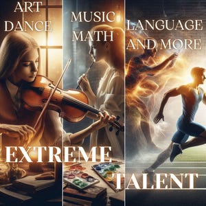 May include: A collage of three images representing different types of talents. The first image shows a person playing a violin. The second image shows a person painting with watercolors. The third image shows a person running. The text "EXTREME TALENT" is at the bottom of the collage.