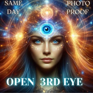 Puede incluir: Una mujer con cabello largo azul y un tercer ojo abierto en su frente. El fondo es una mezcla de colores naranja y azul que se arremolinan. El texto "OPEN 3RD EYE" está en la parte inferior de la imagen. El texto "SAME DAY PHOTO PROOF" está en la parte superior derecha de la imagen.