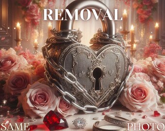 May include: A silver heart-shaped padlock with a keyhole, surrounded by pink roses and sparkling jewels. The padlock is chained and the text "LOVE BLOCKAGES REMOVAL" is above it. The text "SAME DAY PHOTO PROOF" is below the padlock.