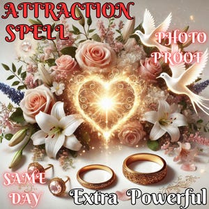 Puede incluir: Un ramo de rosas y lirios rosas y blancos con un corazón brillante en el centro. Dos palomas blancas vuelan sobre las flores. Dos alianzas de oro están en primer plano con el texto "Extra Powerful" y "Same Day" debajo. El texto "Photo Proof" también es visible en la imagen.