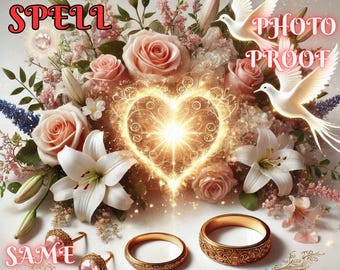 May include: A bouquet of pink and white roses and lilies with a glowing heart in the center. Two white doves are flying above the flowers. Two gold wedding bands are in the foreground with the text "Extra Powerful" and "Same Day" below. The text "Photo Proof" is also visible in the image.