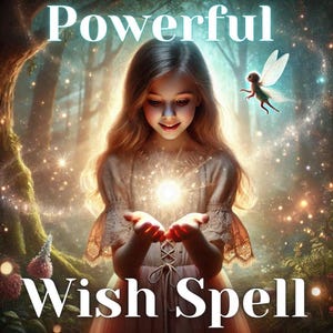 Puede incluir: Una niña con el pelo largo y rubio sostiene un orbe brillante en sus manos. Está rodeada de un bosque mágico con luces parpadeantes y un hada volando en el fondo. El texto "Powerful Wish Spell" está escrito debajo de la imagen.