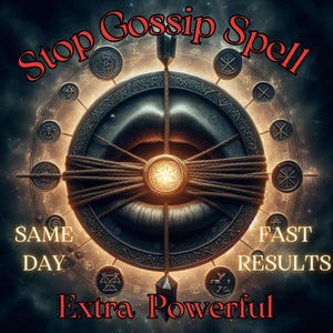 以下が含まれることがあります： 赤色の「Stop Gossip Spell」というテキストが入った画像。ロープと振り子が付いた中心の円形デザインが特徴で、「Same Day」、「Fast Results」、「Extra Powerful」という文字も表示されています。