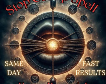 May include: An image with the text "Stop Gossip Spell" in red, featuring a central circular design with rope and a pendulum. The words "Same Day", "Fast Results", and "Extra Powerful" are also displayed.