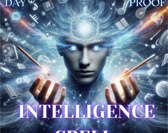 Puede incluir: Una imagen digital de una persona con ojos azules brillantes y un aura azul y blanca giratoria alrededor de su cabeza. La persona sostiene dos lápices en sus manos. El fondo está lleno de varios símbolos e imágenes, incluyendo un gráfico circular, una nota musical y un libro. El texto "SAME DAY" y "PHOTO PROOF" aparece en las esquinas superiores de la imagen. El texto "INTELLIGENCE SPELL" aparece en la parte inferior de la imagen.