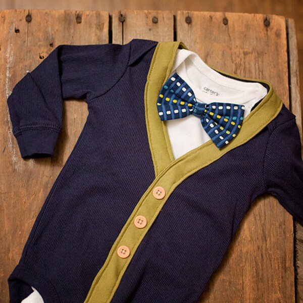 Preppy Baby Boy Cardigan Onesie and Bow Tie set -- Size NB newborn