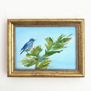 Bluebird Oil Painting on Canvas: Framed Bird Art, Nature Wall Decor