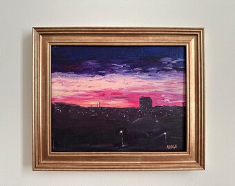 City Sunset Glow – Original Framed Oil Painting, Hand-Painted Night Sky Art, Landscape Wall Decor