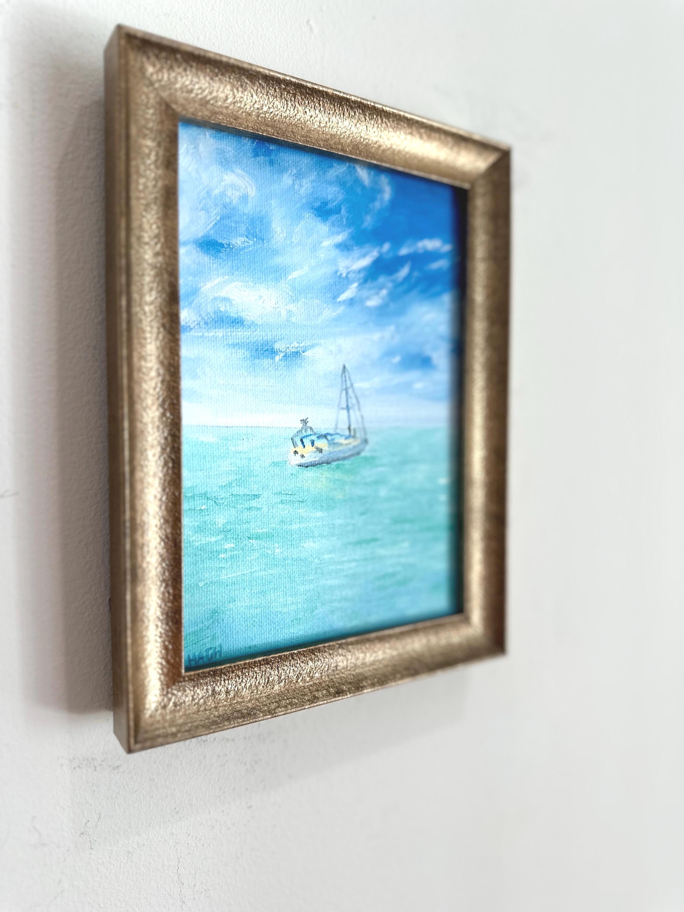 ヴィンテージスタイルの額装済み帆船油絵：海岸風景画（5×7インチ