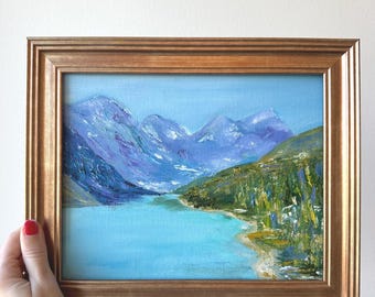 Mountain Lake Oil Painting, Original Framed 8x10 Landscape