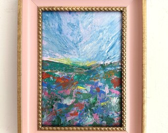 Origineel abstract landschap, acrylverfschilderij, kleurrijk ingelijst wandkunstwerk, cottagecore decoratie.